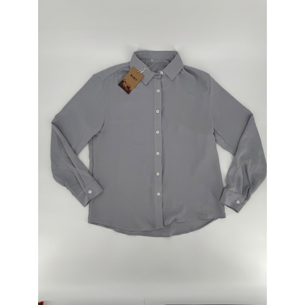 Manly Mens Grey Poly Blend Button Up Long Sleeve Shirt Small NWT